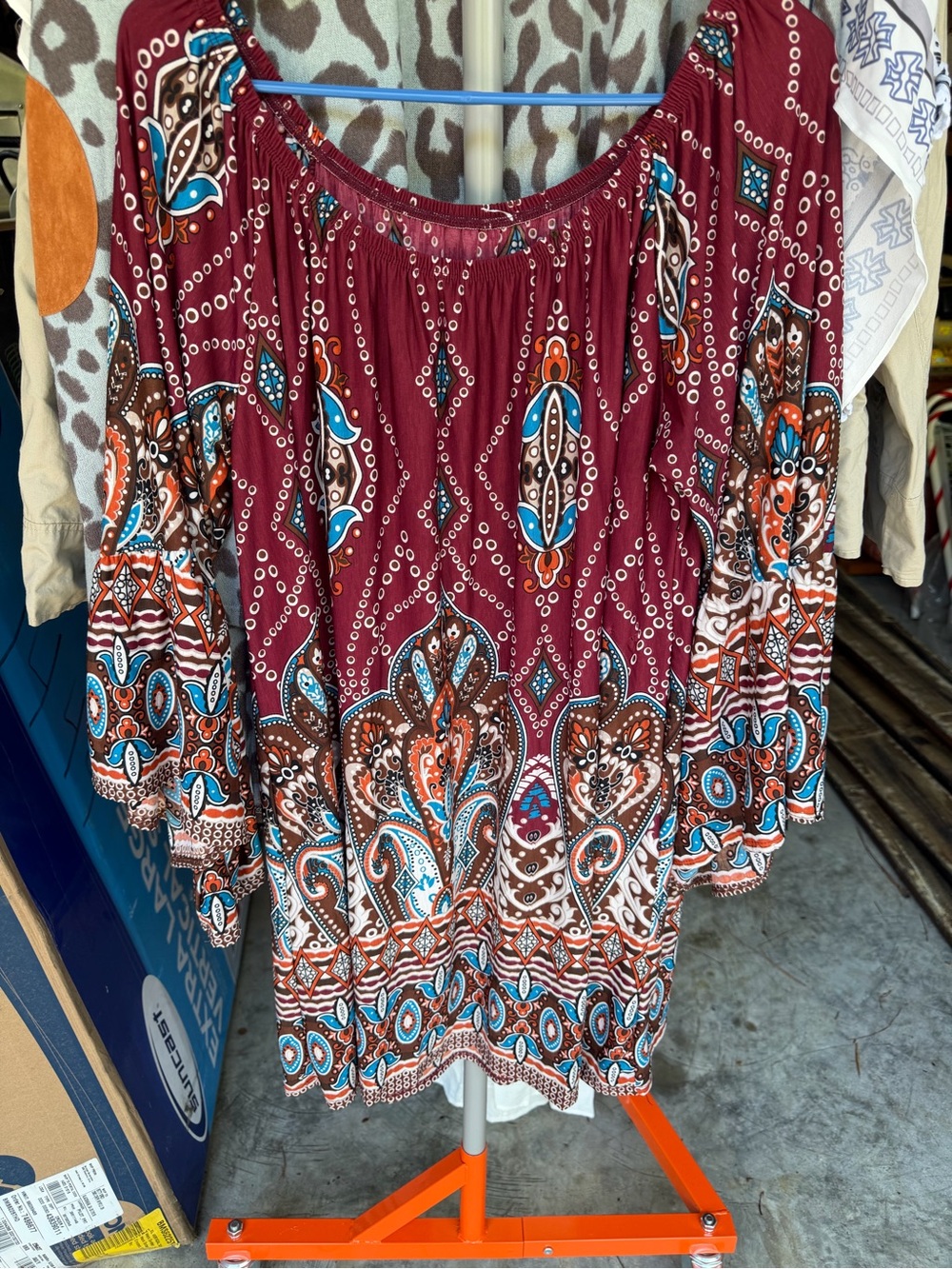 Bohemian Off-Shoulder Tunic Dress in Burgundy Paisley